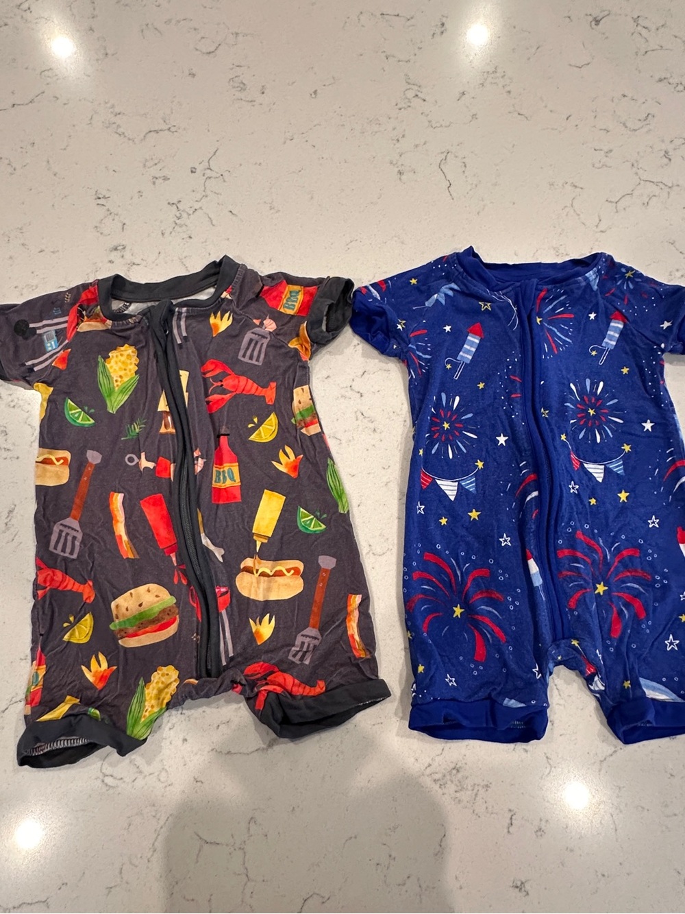 Little Sleepies Shortie Rompers - Navy Fireworks & Charcoal BBQ Print